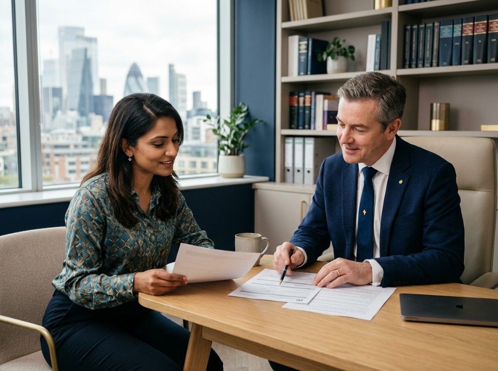 AK Solicitors consultation — advisors reviewing documents together in a modern office